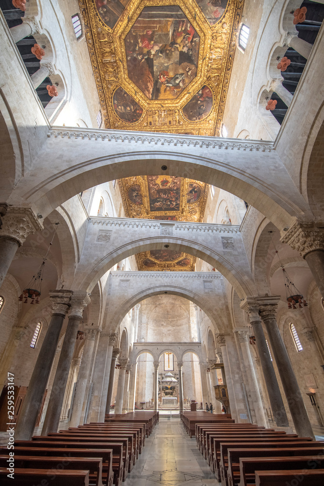Bari, Puglia, Italy - Inside interior of The Pontifical Basilica di San Nicola (Basilica of Saint Nicholas), a church in Bari. Roman Catholic Church in region of Apulia