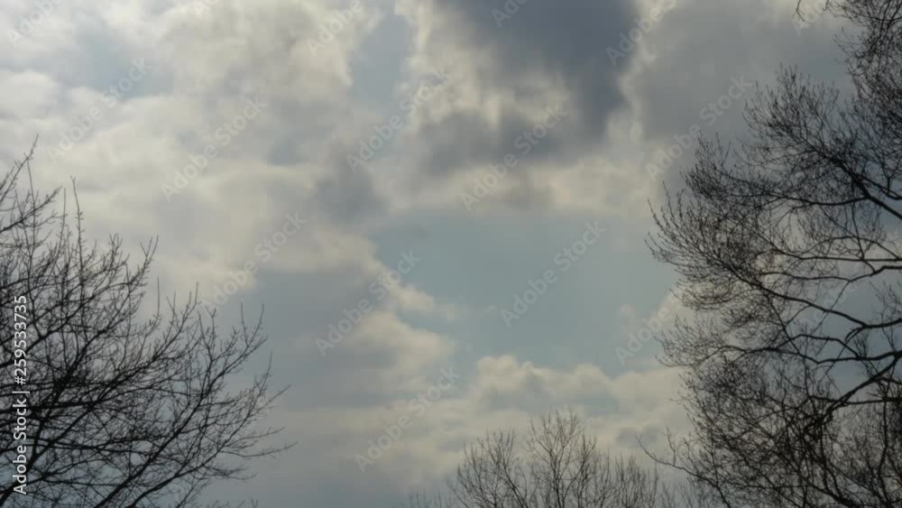 Eerie and dark cloud covered sky transforms into a crystal blue sky during a majestic time lapse. Eerie and dark cloud covered sky transforms into a crystal blue sky during a majestic time lapse.