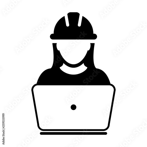 Construction worker icon vector female service person profile avatar with laptop and hardhat helmet in glyph pictogram illustration