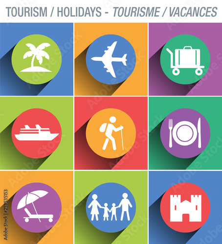 Ensemble de pictogrammes sur thème du tourisme et des vacances, pour illustrer des documents de présentation, des brochures, ou des sites web.