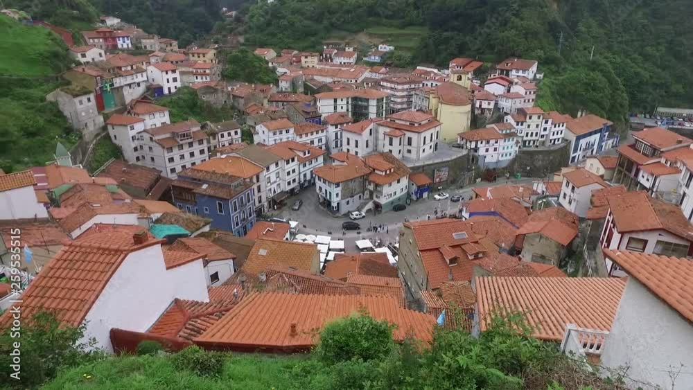 General view from above of cudillero in Asturias with mountain in background General view from above of cudillero in Asturias with mountain in background