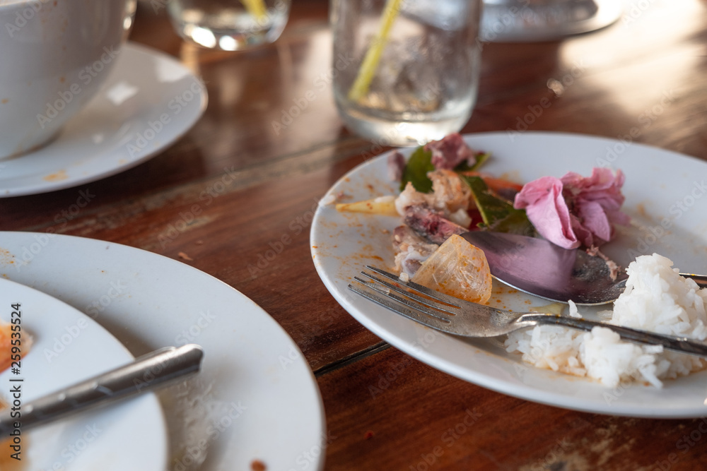 Food waste and scrap of toilet paper placed on a pile of plates used. Food waste and scrap of toilet paper placed on a pile of plates used.