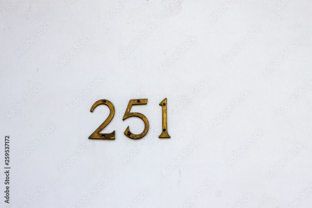 House number 251 with the two hundred fifty on ein bronze numerals screwed to a white door House number 251 with the two hundred fifty on ein bronze numerals screwed to a white door