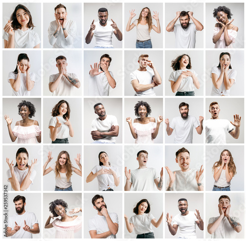 The collage of faces of surprised people on white studio backgrounds. Human emotions, facial expression concept. Collage of astonished men and women.