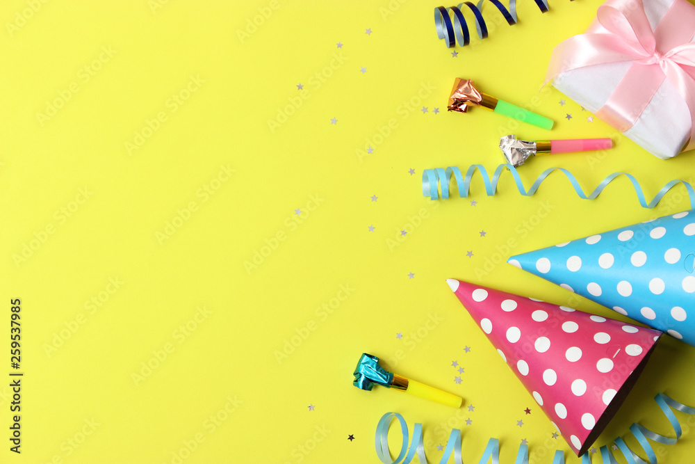  Accessories for a party or birthday on a colored background top view.