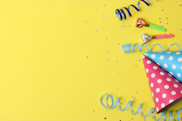  Accessories for a party or birthday on a colored background top view.