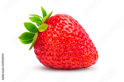 One ripe strawberry with green leaves