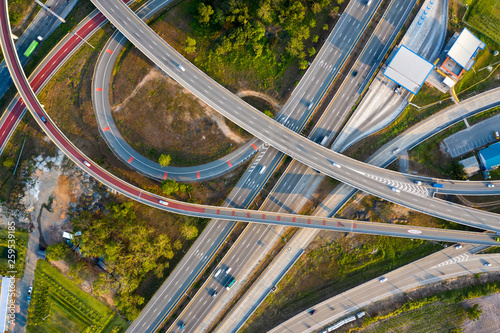 Aerial view and Top view. Traffic of expressways, motorways and highways