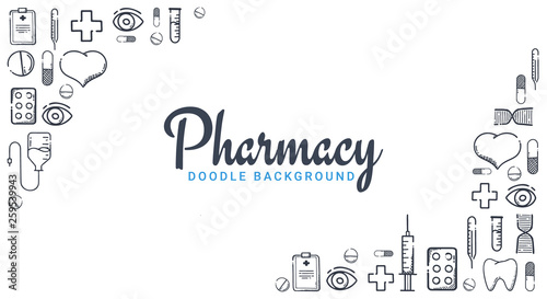 Pharmacy and Medical banner with doodle background. Pills, Vitamin tablets, medical drug. Vector Illustration.