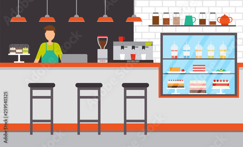 Barista of coffeehouse with proposition for clients vector. Man wearing apron, toppings and desserts cakes with berries. Table and chairs, lamp and fridge