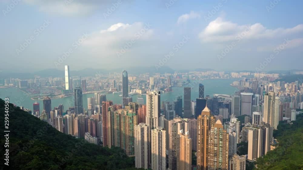 Pull back from Hong Kong skyline to reveal the green mountains surrounding the city island. Pull back from Hong Kong skyline to reveal the green mountains surrounding the city island.
