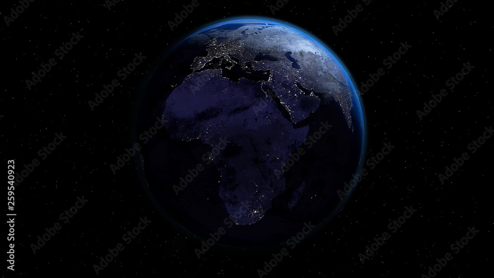 Planet Earth with city lights in space with stars.