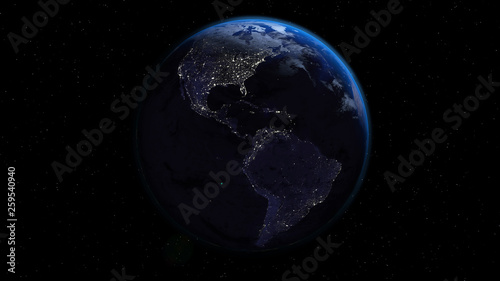 Planet Earth with city lights in space with stars.