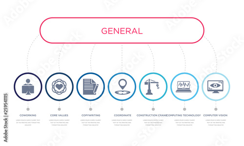 simple illustration set of 7 vector blue icons such as computer vision, computing technology, construction crane, _icon4, copywriting, core values, coworking. infographic design with 7 icons pack