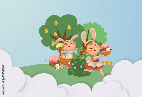 Little girl smile running hunting decorative chocolate egg in easter bunny costume ears and tail vector illustration, spring holiday fun isolated on white, baby run with paschal basket for eggs hunter
