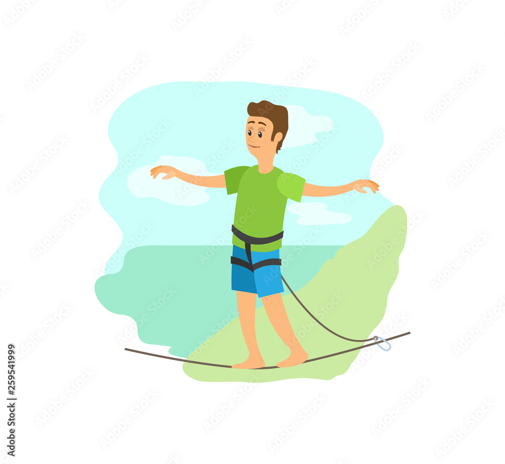 Highlining extreme sport poster, man in casual clothes going by rope, portrait view of smiling person balancing on line with insurance, mountain vector