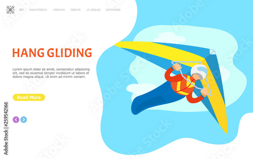 Hang gliding person vector, male piloting in air, extreme sports activities. Man diving in sky, leisure and hobby of male, active lifestyle. Website or webpage template, landing page flat style
