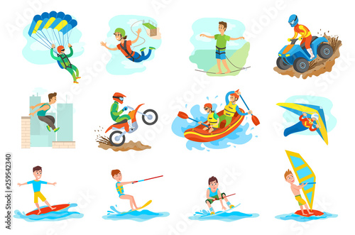 People leading active lifestyle vector, set of person. Parkour and windsurfing, hang gliding and skydiving, bungee jumping and highlining, rafting water