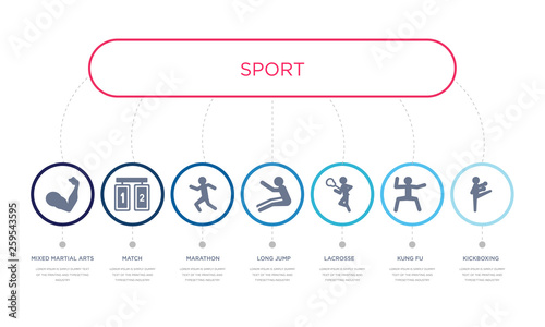simple illustration set of 7 vector blue icons such as kickboxing, kung fu, lacrosse, _icon4, marathon, match, mixed martial arts. infographic design with 7 icons pack