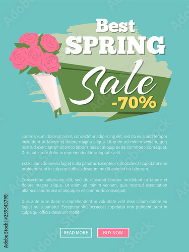 Best spring sale vector, website with flowers roses bouquet. Special clearance for season, offer 70 percent off price, supermarket discounts and proposals