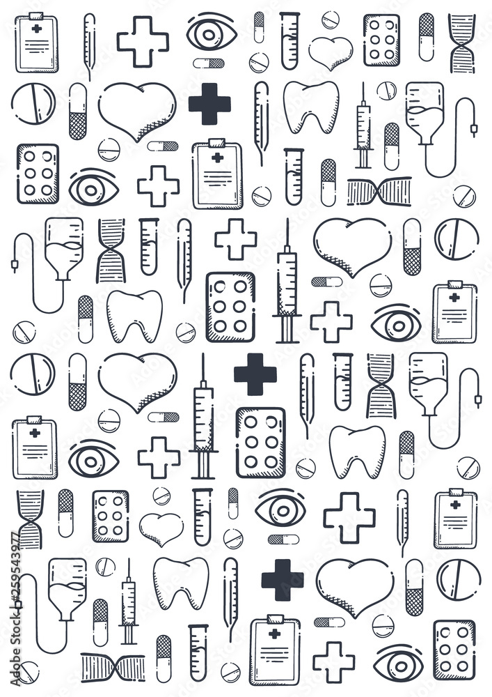 Medical hand-draw doodle background. Pills, Vitamin tablets, medical drug. Vector Illustration. Medical hand-draw doodle background. Pills, Vitamin tablets, medical drug. Vector Illustration.