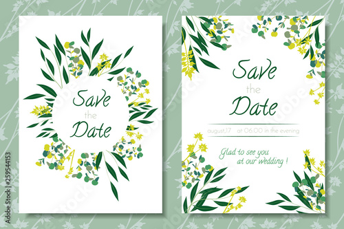 Eucalyptus Vector. Wedding Invitation Frame with Leaf, Branches, Floral Elements. Elegant Templates for Invite, Cards Design. Decorative Greenery for Rustic Wedding. Eucalyptus Vector in Vintage Style