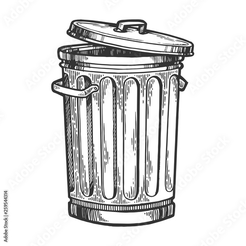 Metal trash can sketch engraving vector illustration. Scratch board style imitation. Hand drawn image.