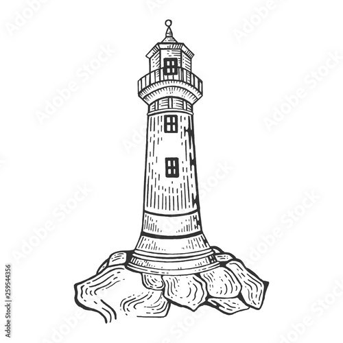 Lighthouse engraving vector illustration. Scratch board style imitation. Hand drawn image.