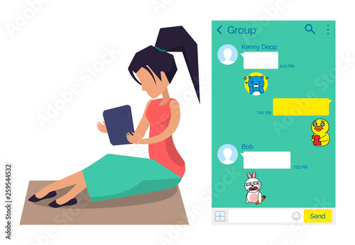 Kakao talk Korean messenger in tablet, mobile app for gadgets and modern devices vector. Woman texting, open chat or dialog, instant messaging application
