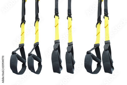 Black trx loop functional training equipment on white background isolated. Sport accessories, top view. Fitness and Gym workout items for Healthy. photo