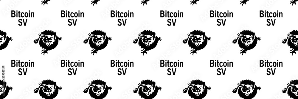 Сryptocurrency Bitcoin SV (Bitcoin Cash SV) - seamless pattern. Black emblems (dragon, similar to official cryptocurrency logo) and inscription 