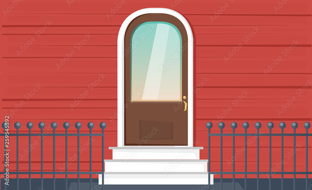 door, vector, house, entrance, enter, wall, front, illustration, home,  building, fence, outside, entry, facade, cartoon, exterior, architecture,  red, decoration, design, flat, wood, wooden, colorfu Stock Vector | Adobe  Stock