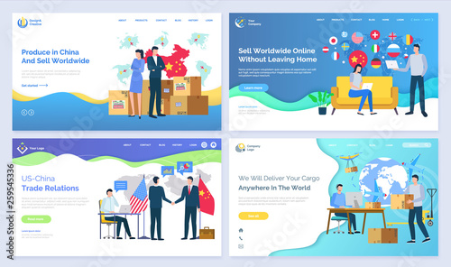Produce in China and sell worldwide US vector. Trade relations, online without leaving home, deliver cargo anywhere in world, set of pages. Website or webpage template, landing page flat style