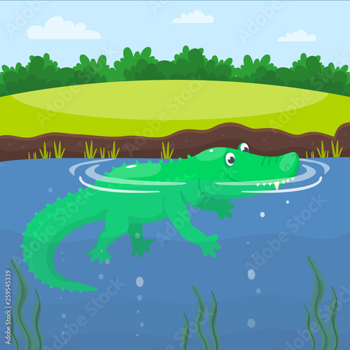 Crocodile in the lake. Happy cute cartoon alligator in the blue swamp or pond. Green reptile is swimming in the water of a river. Vector illustration for kids. 