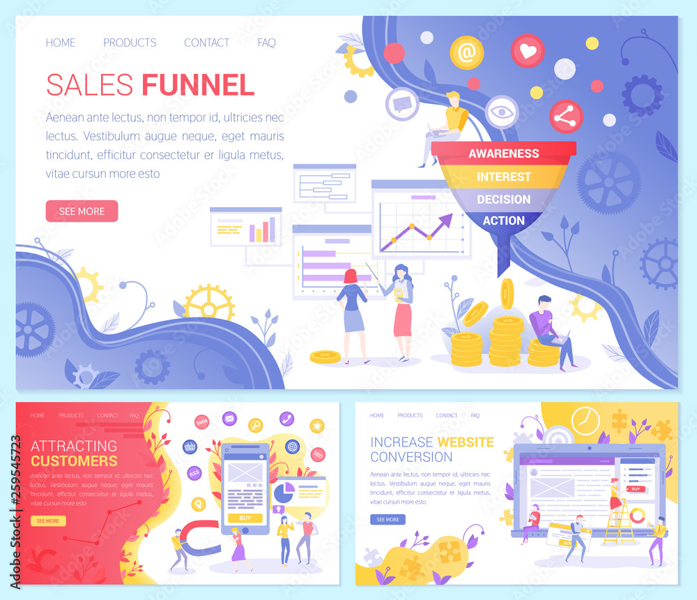Sales funnel vector set, attracting customers. Awareness and interest, decision and action plan, web conversion. Money and coins, business trade. Website or webpage template, landing page flat style