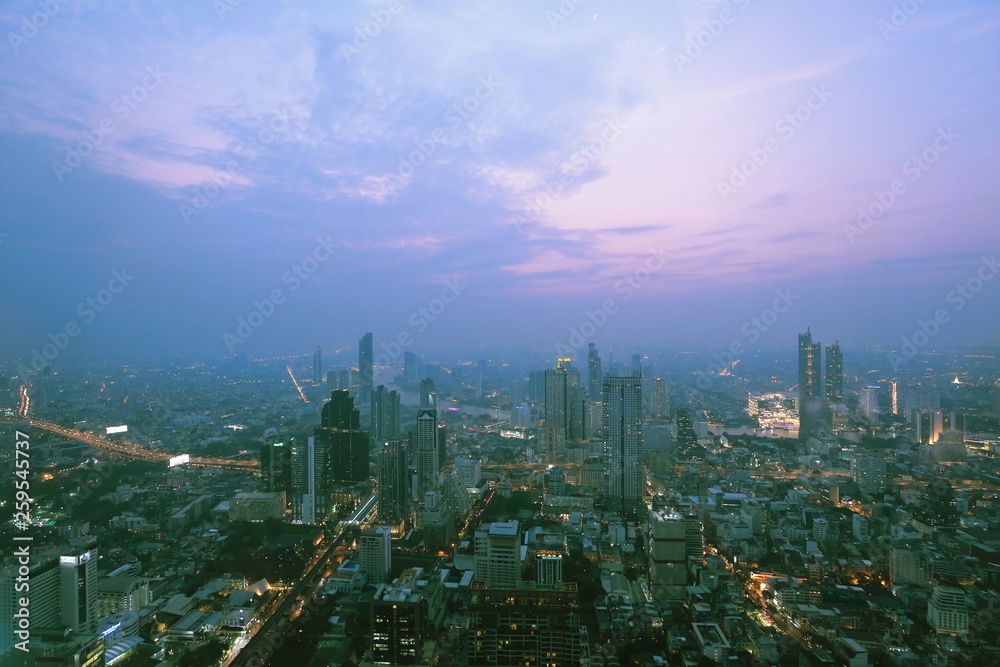 Bangkok, Thailand- December 31, 2018 ; Bangkok skyscraper from rooftop of The Kingpower Mahanakorn Tower under dust pollution.