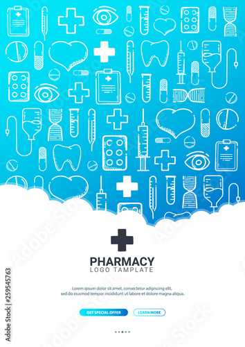 Wallpaper Mural Pharmacy and Medical banner with doodle background. Pills, Vitamin tablets, medical drug. Vector Illustration. Torontodigital.ca