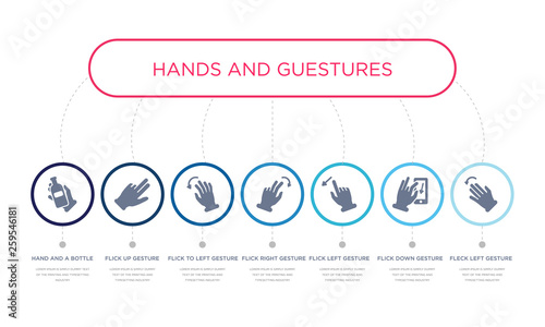 simple illustration set of 7 vector blue icons such as fleck left gesture, flick down gesture, flick left gesture, _icon4, flick to left up hand and a bottle. infographic design with 7 icons pack