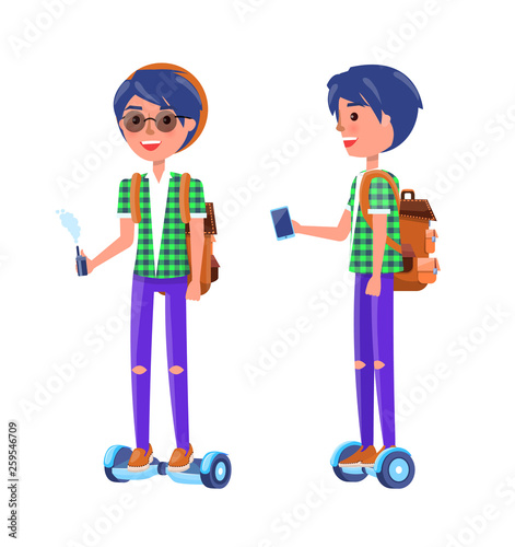 Students with gyroscooter and smoking vape in hands. Boy riding hoverboard and smiling, male wearing glasses and thorn trousers, teenagers vector