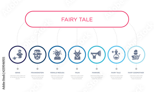simple illustration set of 7 vector blue icons such as fairy godmother, fairy tale, fanfare, _icon4, female medusa, frankenstein, genie. infographic design with 7 icons pack