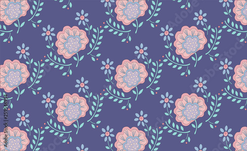 flower pattern pink buds green leaves on lilac background