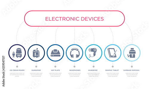 simple illustration set of 7 vector blue icons such as garbage disposal, graphic tablet, hairdryer, _icon4, hot plate, humidifier, ice cream maker. infographic design with 7 icons pack