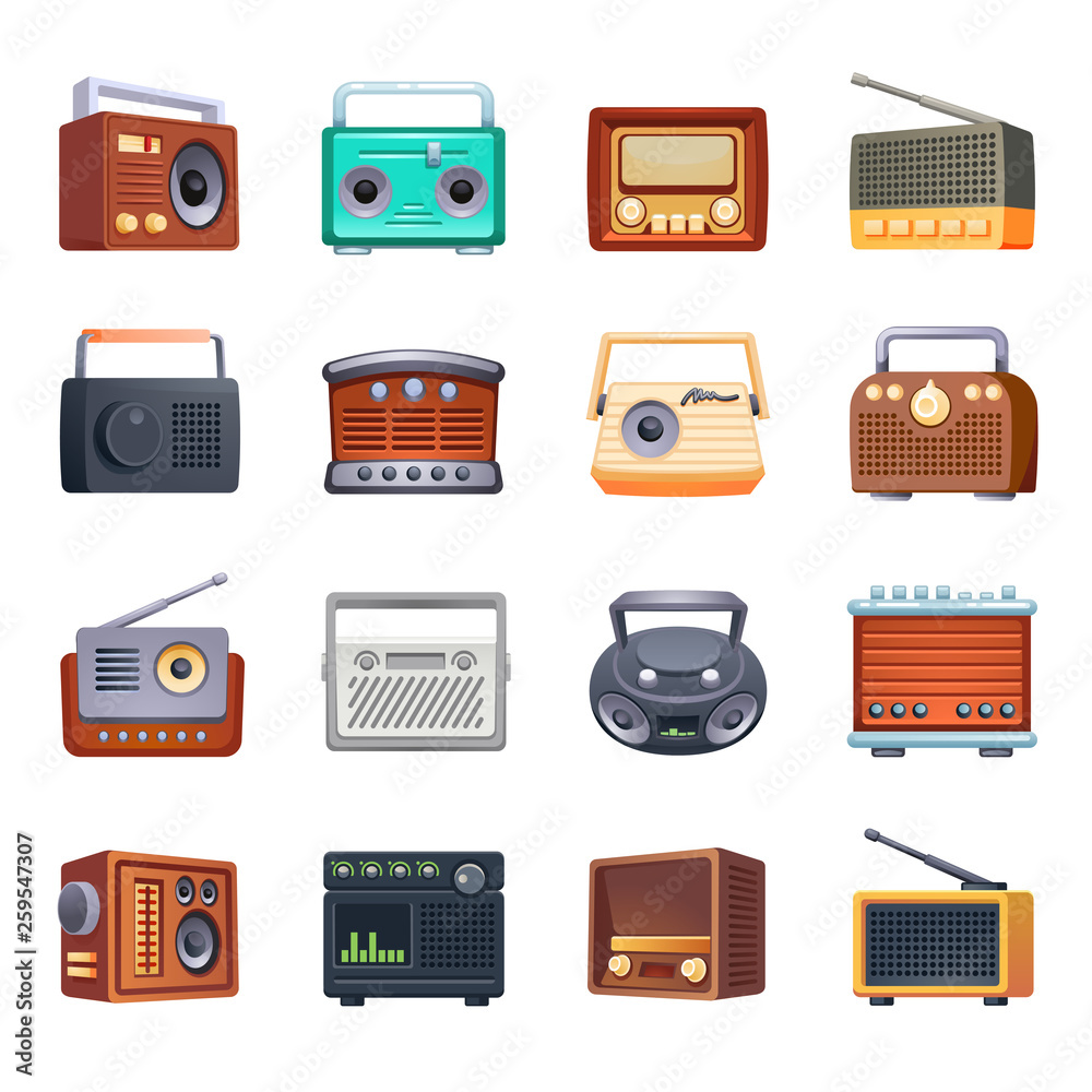 Radio icons set. Cartoon set of radio vector icons for web design