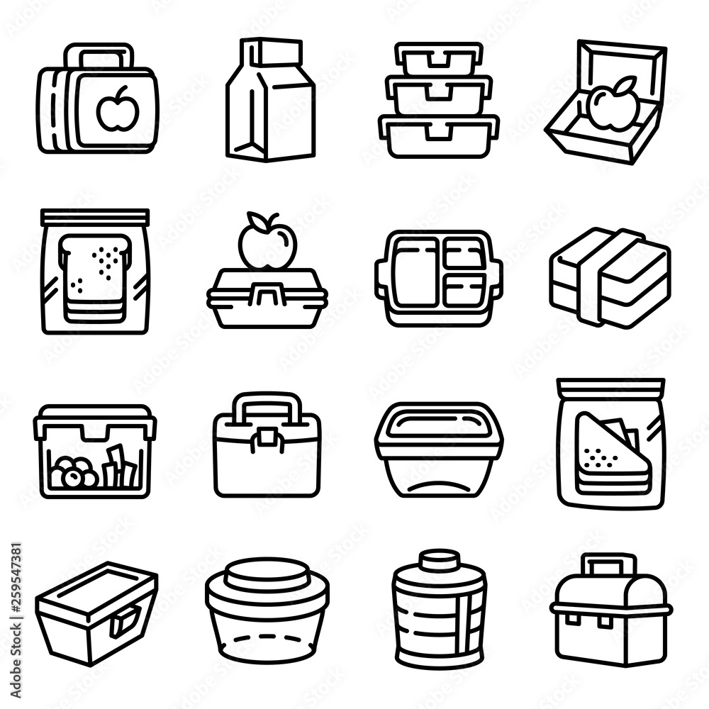Lunchbox icons set. Outline set of lunchbox vector icons for web design isolated on white background Lunchbox icons set. Outline set of lunchbox vector icons for web design isolated on white background