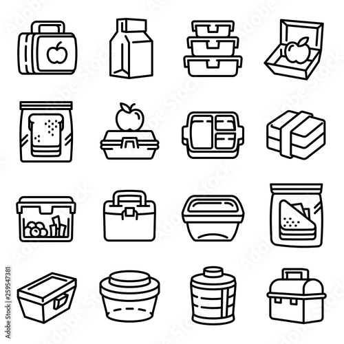 Lunchbox icons set. Outline set of lunchbox vector icons for web design isolated on white background