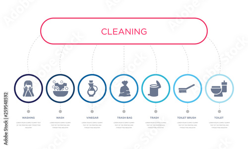 simple illustration set of 7 vector blue icons such as toilet, toilet brush, trash, _icon4, vinegar, wash, washing. infographic design with 7 icons pack