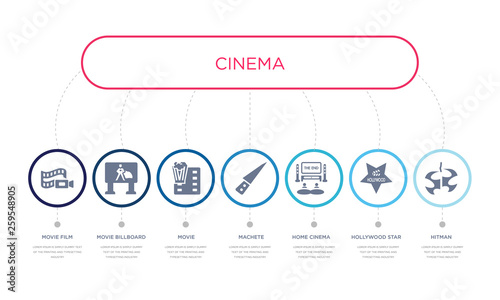 simple illustration set of 7 vector blue icons such as hitman, hollywood star, home cinema, _icon4, movie, movie billboard, movie film. infographic design with 7 icons pack