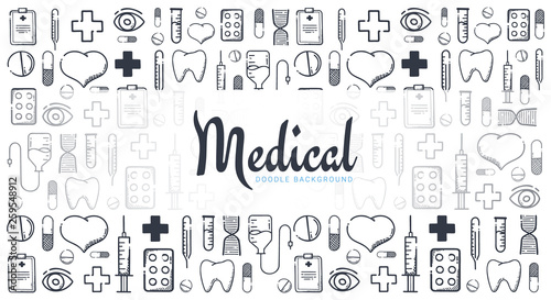 Pharmacy and Medical banner with doodle background. Pills, Vitamin tablets, medical drug. Vector Illustration.