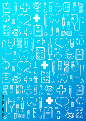 Medical hand-draw doodle background. Pills, Vitamin tablets, medical drug. Vector Illustration.