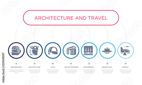 simple illustration set of 7 vector blue icons such as airport, angkor wat, apartments, _icon4, arch, architecture, backpacking. infographic design with 7 icons pack